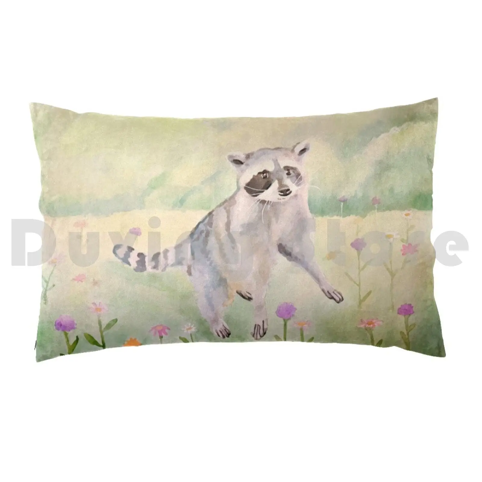 Peaceful Raccoon And Flowers Mixed Media Watercolor Pillow case 1799 Raccoon Peaceful Trash Panda