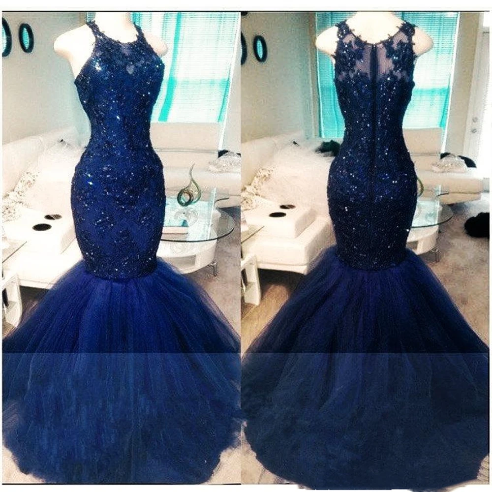 Royal Blue Mermaid ชุดราตรีลูกไม้ Applique ลูกปัดอัญมณีคอยาวซิปอย่างเป็นทางการชุดราตรียาว Dresses Party Gowns