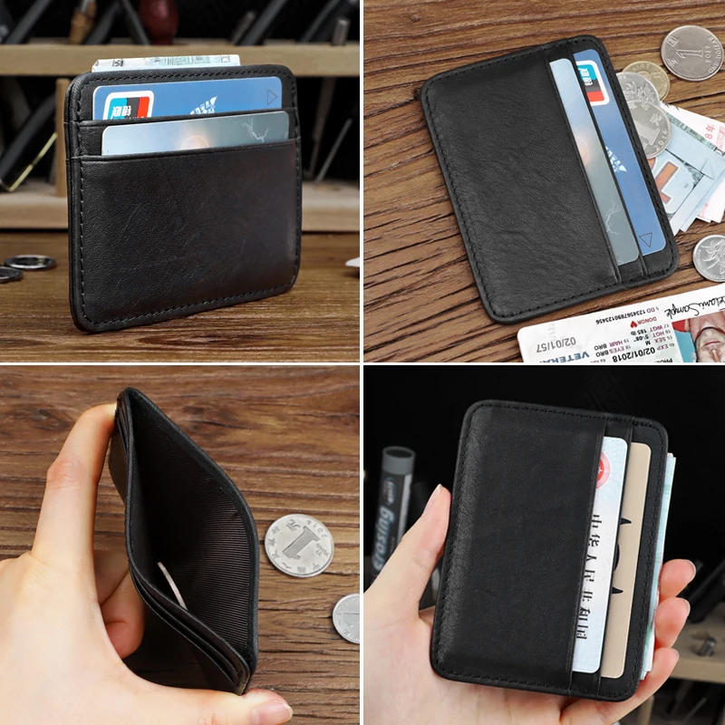 Fashion Thin Block Genuine Leather Card Wallet Credit ID Card Holder Purse Portable Small Money Bag Mini Coin Purse For Male