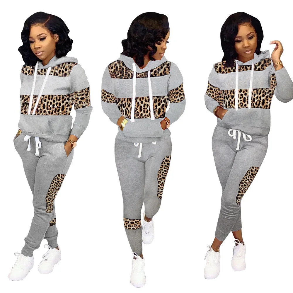 Fashion streetwear leopard patchwork print tracksuit sweatsuit women set Two piece set women hoodie+sweatpants matching outfits