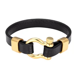 Braccialetti da donna in pelle bovina Vintage di nuova moda braccialetti con fibbia a ferro di cavallo in acciaio inossidabile con catena in vera pelle nera