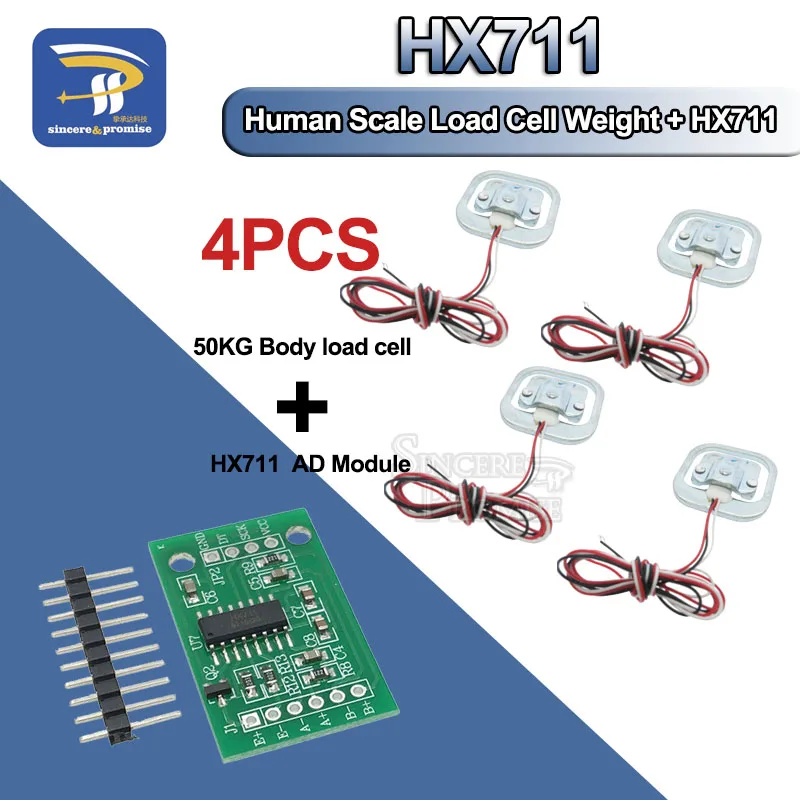 4Pcs 50kg Human Scale Load Cell Weight Sensors+HX711 AD Module Body Load Cell Weighing Sensor Pressure Sensors Measurement Tools