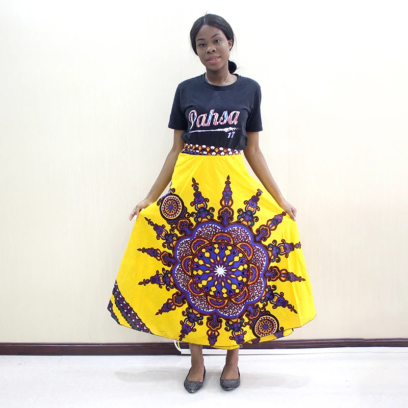 

2019 Newest Arrivals Dashikiage Fashion African Dashiki Pattern Print Yellow Cotton Skirt Bohe Casual Dashiki Women Skirt