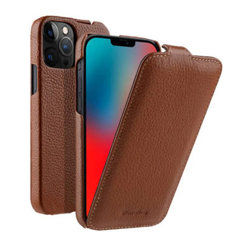 

Genuine Leather Hard Case Cover for Apple iPhone 13 Pro Max 13 Mini, Anti-Knock, Lichee Pattern, Up and Down