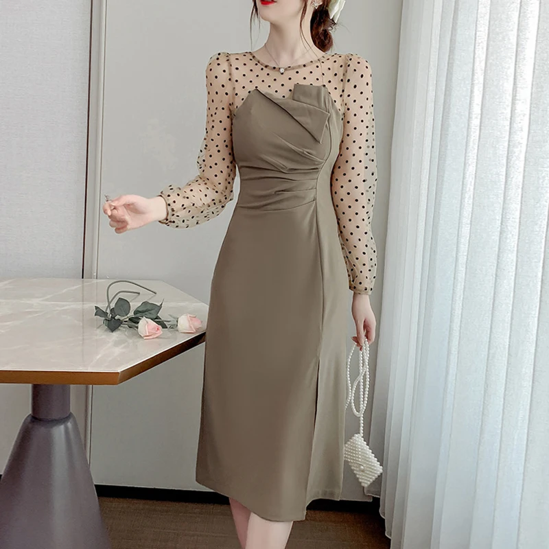 

Fashion Vintage Mesh Dot Perspective Long Sleeve Midi Party Dress Ladies Elegant Robe Streetwear Casual Chic Folds Split Dress