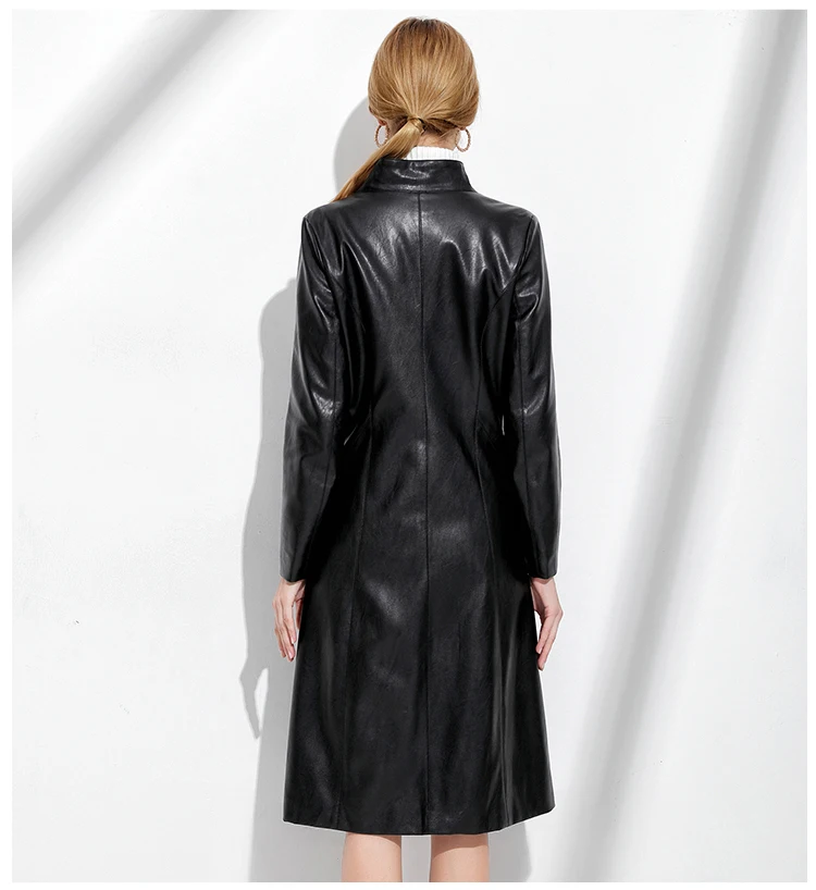 

European New Arrival Fashion Long Slim Coat Women Pu Leather Jackets Stand Collar Black Parkas Abrigos Mujer LX2008