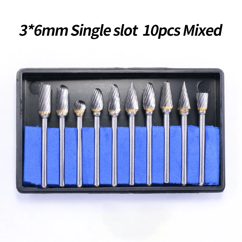 10 pz/set 6mm carburo di tungsteno doppio taglio punto rotante Burr 1/8 "gambo misura utensili rotanti Die smerigliatrice gambo rotante Burr strumenti caldo