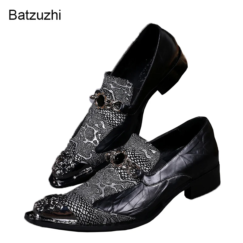 

Batzuzhi Luxury Handmade Men's Leather Dress Shoes Pointed Metal Head Black Grey Formal Business, Party and Wedding Shoes Male!