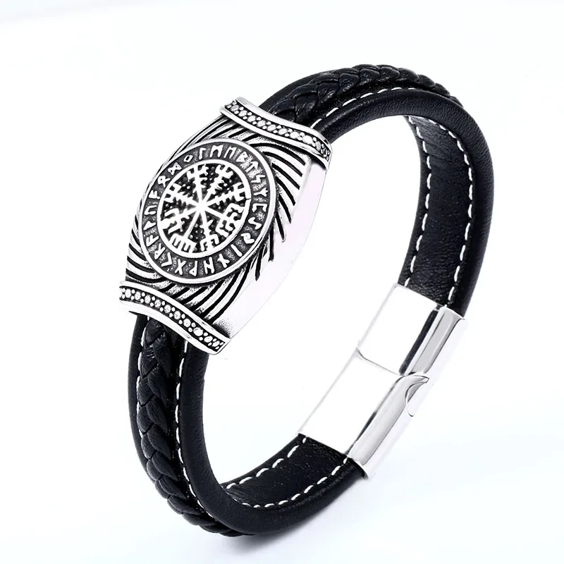 Beier 316L Stainless Steel Viking Vegvisir Compass Pendants Bangle Nose  Runes Men Jewelry Odin Symbol Leather bracelet LBC-L052