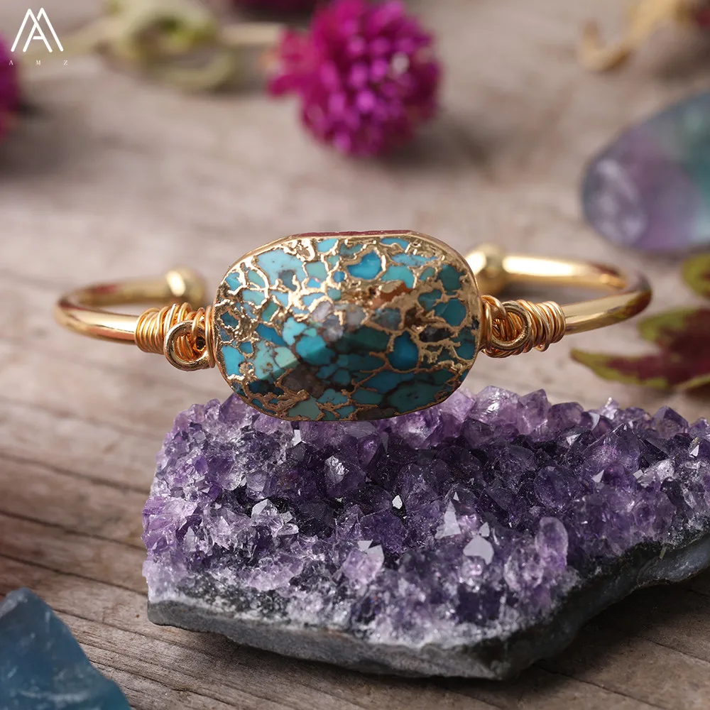 Trendy Women Gold Line Turquoises Open Cuff Bracelets Natural Gemstone Wire Wrap Bangles Birthday Gifts
