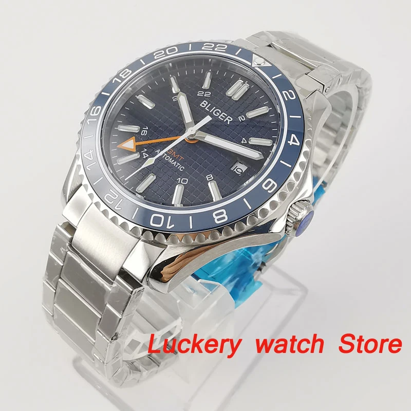 Bliger 41mm luxury Automatic watches blue dial Sapphire crystal GMT Ceramic Bezel Men mechanical watches