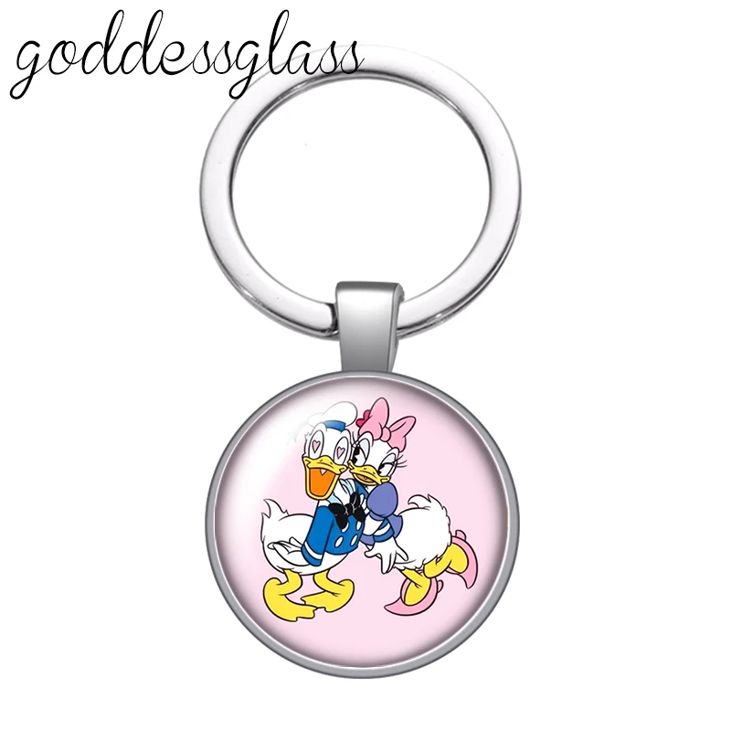 Disney Cute Donald Daisy Love Duck cartoon glass cabochon keychain Bag Car key chain Ring Holder Charms keychains gift