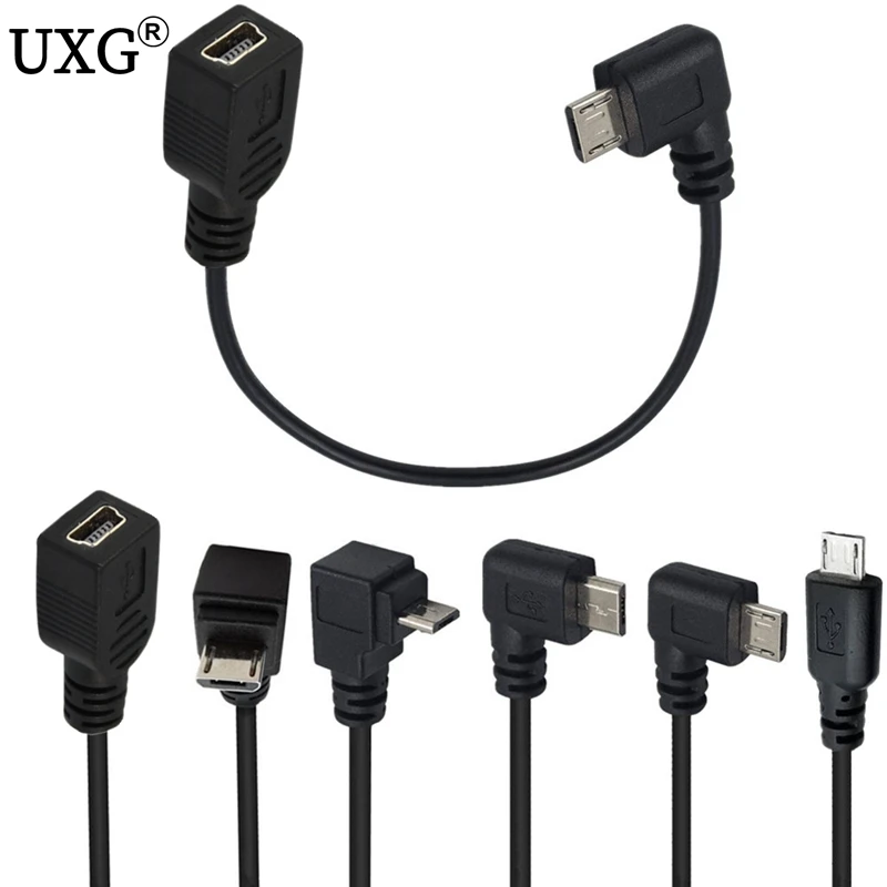 المصغّر USB 2.0 ذكر أسفل/أعلى/يسار/يمين بزاوية إلى مصغّر 5pin أنثى OTG وصلة كابل تمديد البيانات 0.25m