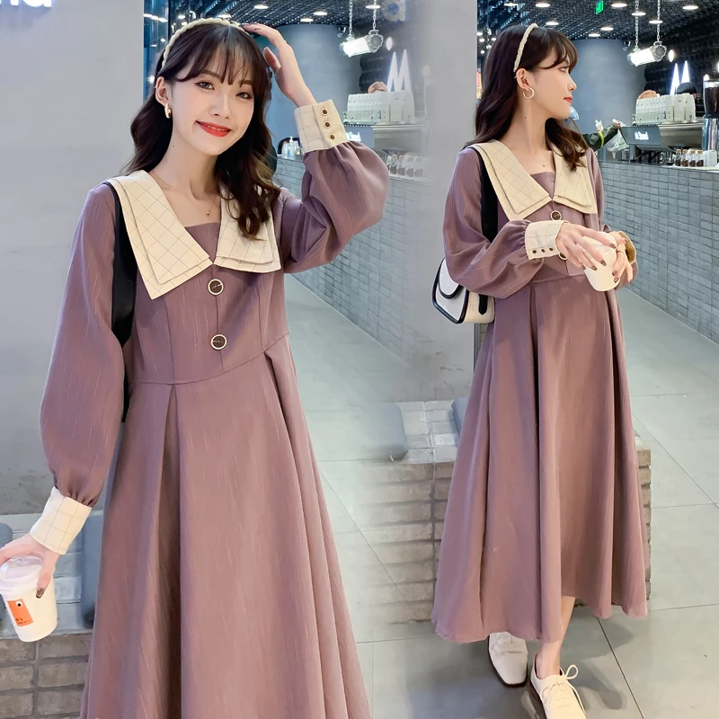 

1903# Autumn New Korean Fashion Maternity Long Dress Elegant Sweet A Line Slim Loose Clothes for Pregnant Women Pregnancy