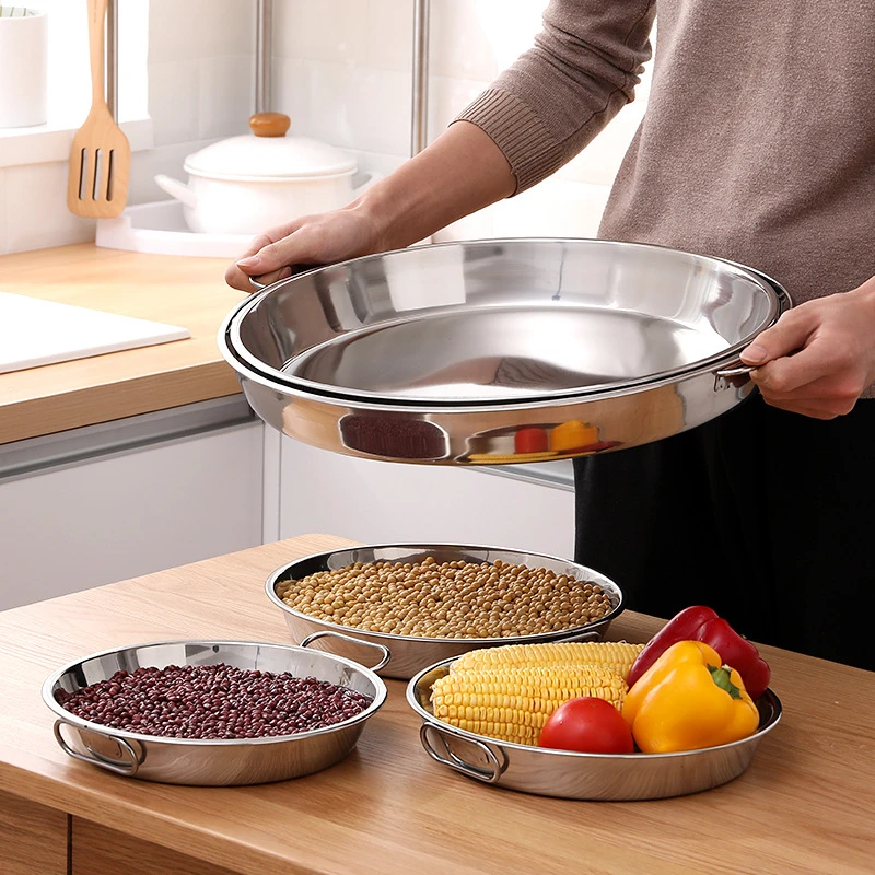 

Stainless Steel Food Storage Tray with Handle Round Flat Serving Plates Salad Snack Fruit Dishes Kitchen Organizers