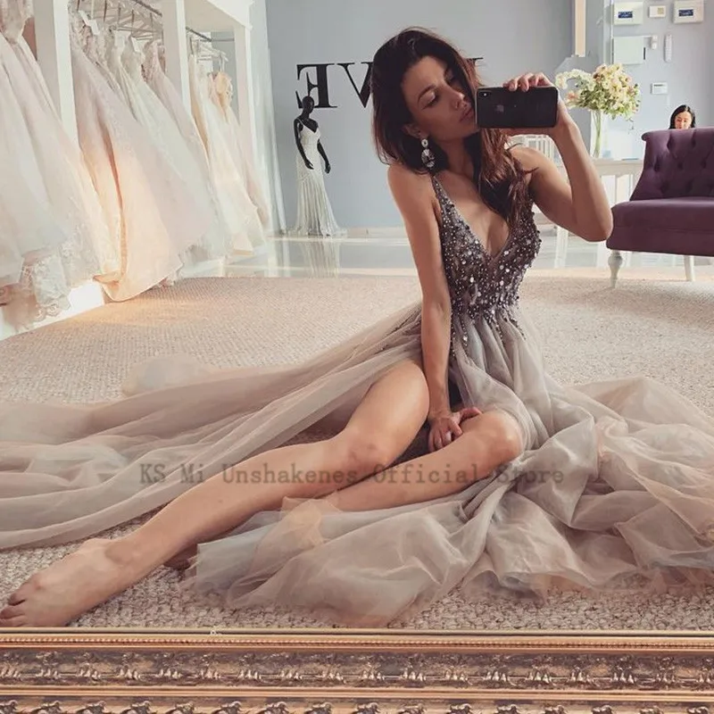 فساتين سهرة رسمية فاخرة من Vestidos de Noche فساتين لحضور الحفلات الموسيقية الطويلة برقبة على شكل V فساتين لحضور الحفلات الموسيقية برقبة 2021 فتحة جانبية جذابة