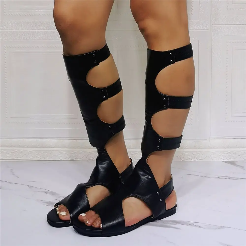 Real Photo Classic Design Gladiator Summer Sandals Women Knee High Boots Ladies Cut Outs Black leather Dress Shoes Woman Size 47