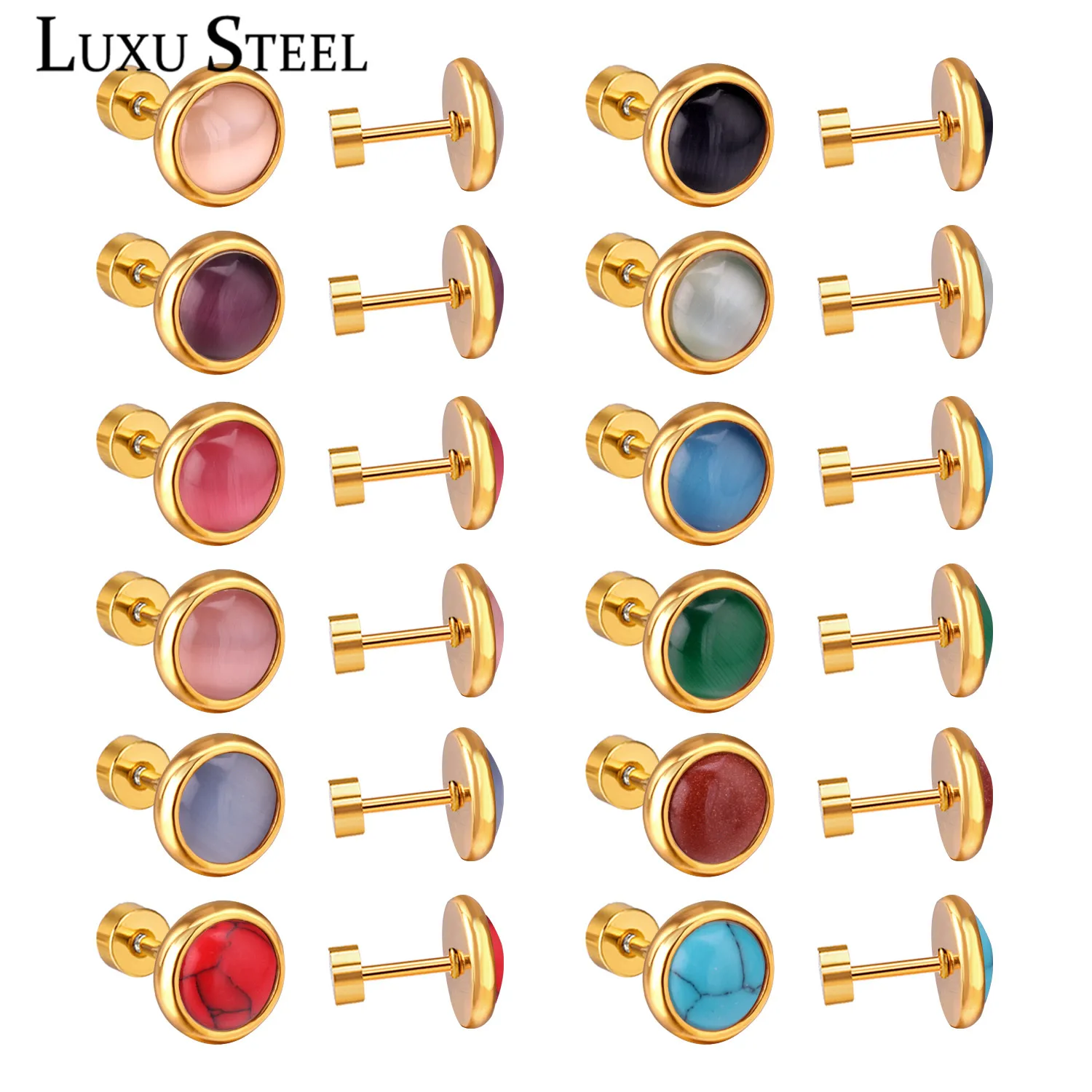 

LUXUSTEEL Hot Wholesale Earrings 12pairs/lots Colorful Stone Screw Stud Earring Fashion Jewelry Female Bijoux 10mm