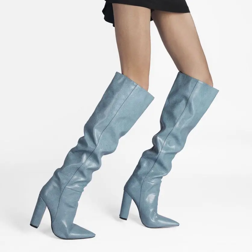 

Stylish Spring Fall Thigh High Boots Unisex Patent Leather Block Heels Pointed Toe Gorgeous Blue Botas Party Dress Shoes Women