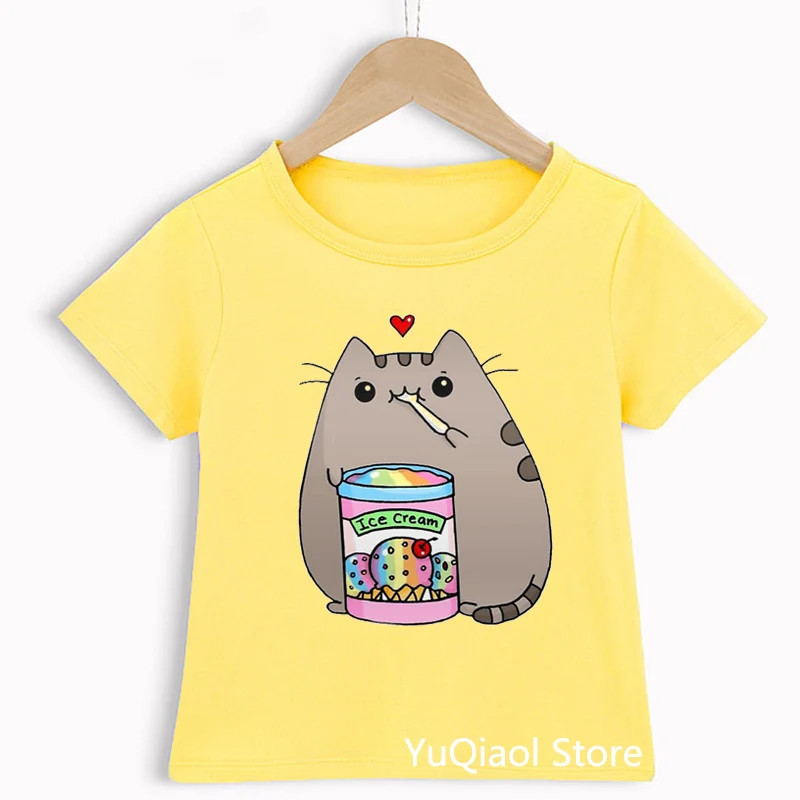 Cute Cat Love Ice Creen Print T-Shirt Baby Boys Girls Clothes Summer Pink/Yellow/Blue/Green Tshirt Children Kids Funny T Shirts