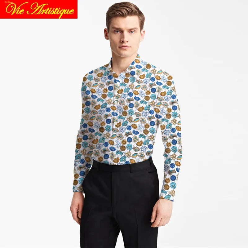 

custom tailor made women Men's bespoke cotton floral shirts business formal wedding ware blouse white print blue yellow flower