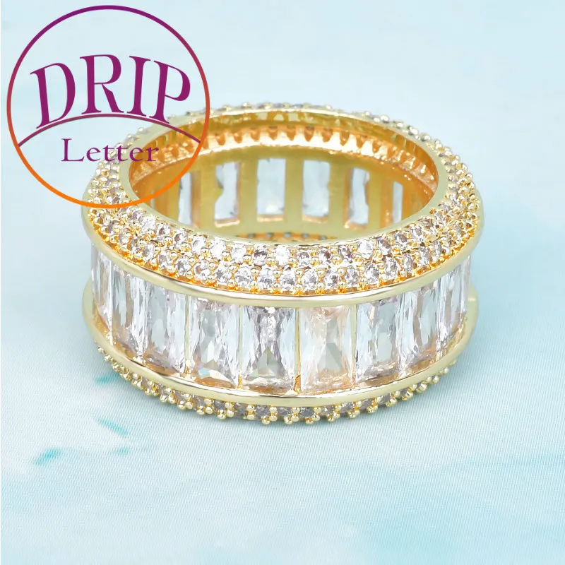 Drip Letter Ice Out Ring for Men Real Gold Plated Baguette Zircon 18k Pure Hip Hop Jewelry