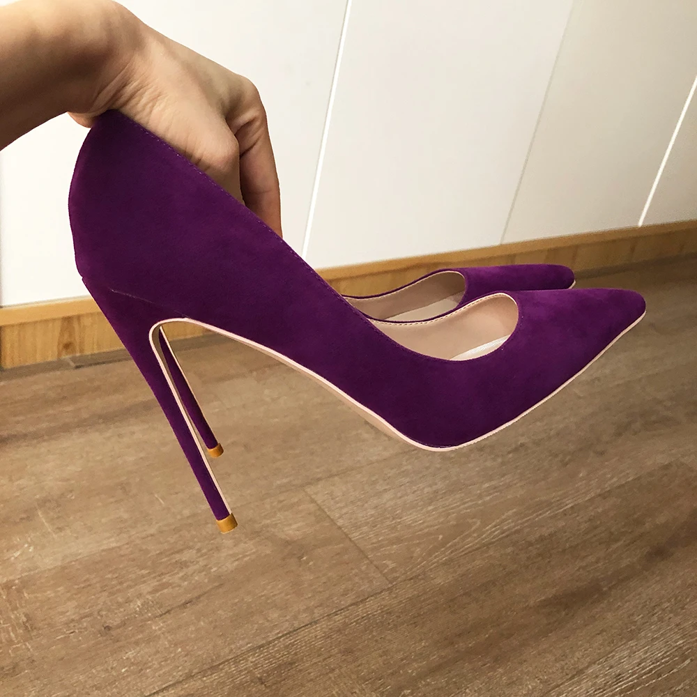 Veowalk Deep Purple Women Flock Fabric Pointed Toe Elegant Stiletto Pumps Classic High Heel Shoes 8cm 10cm 12cm Color Customize