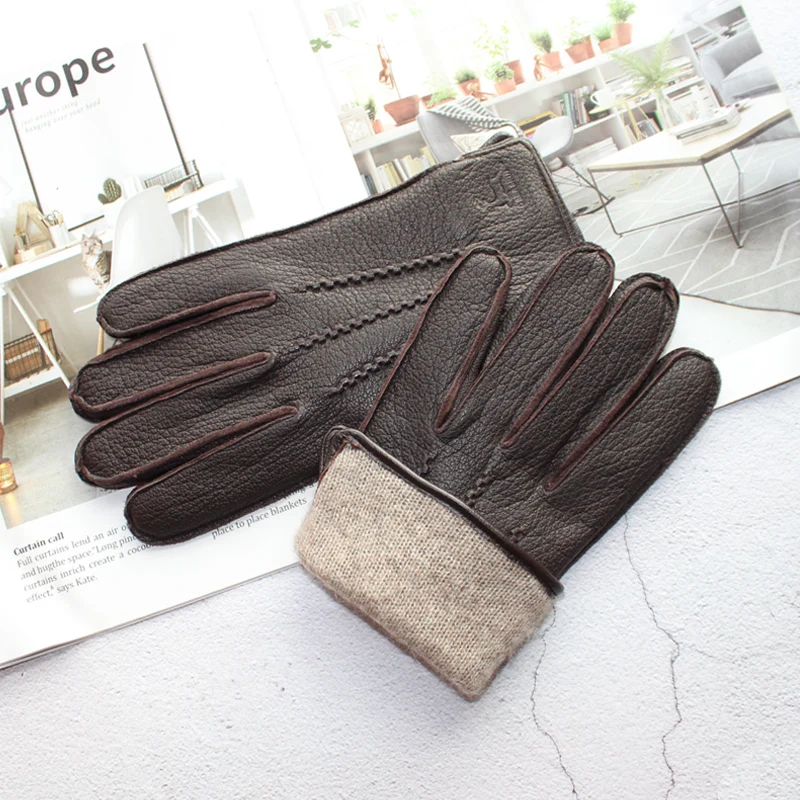 New Deerskin Gloves Men's Leather Outer Stitched Striped Retro Motorcycle Riding Driving Autumn and Winter Wool Knitted Lining