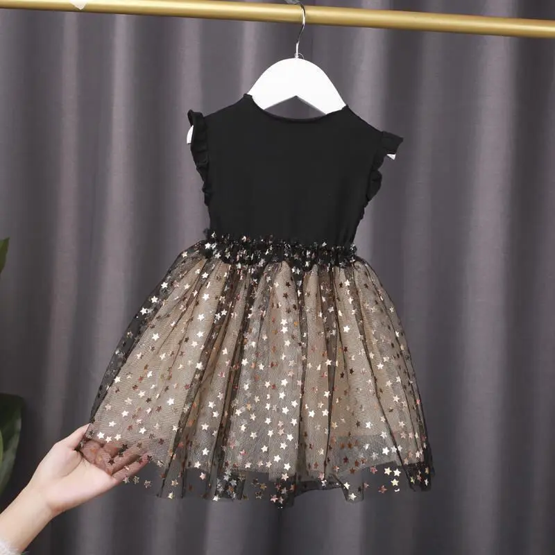 1 to 7 Years 2023 New Baby Dress Spring and Summer New Korean Girl Cotton Tutu Skirt Star Net Gauze Princess Dress