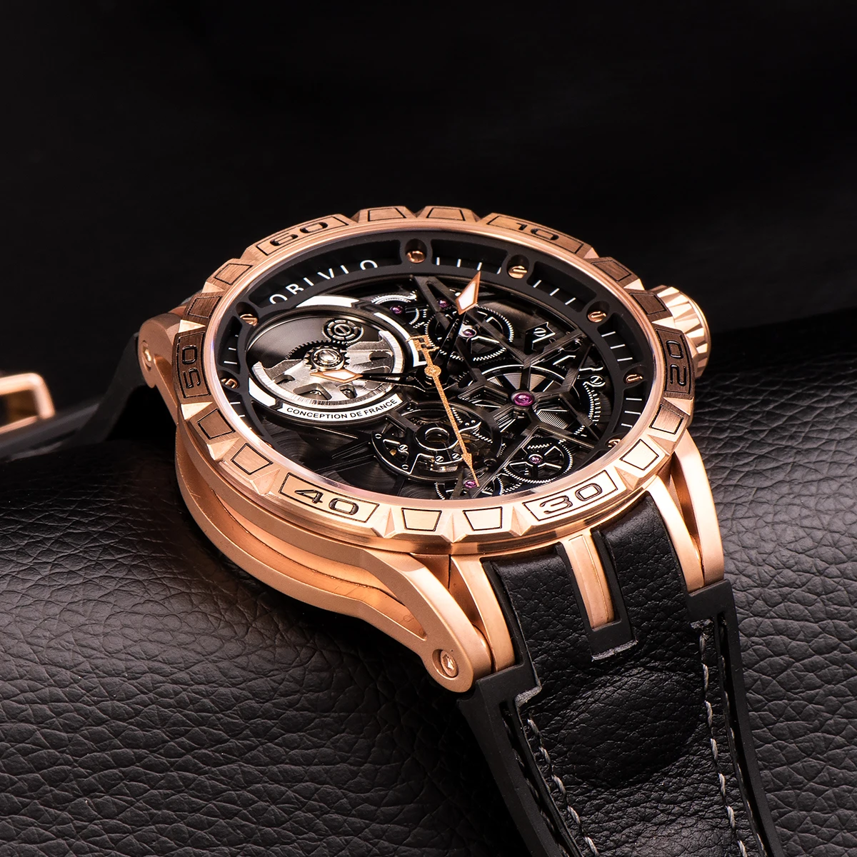 OBLVLO Top Brand New Designer Fashion Watches For Men Skeleton Dial Rose Gold  Automatic Self-Wind Watches Rubber Strap Watch LM