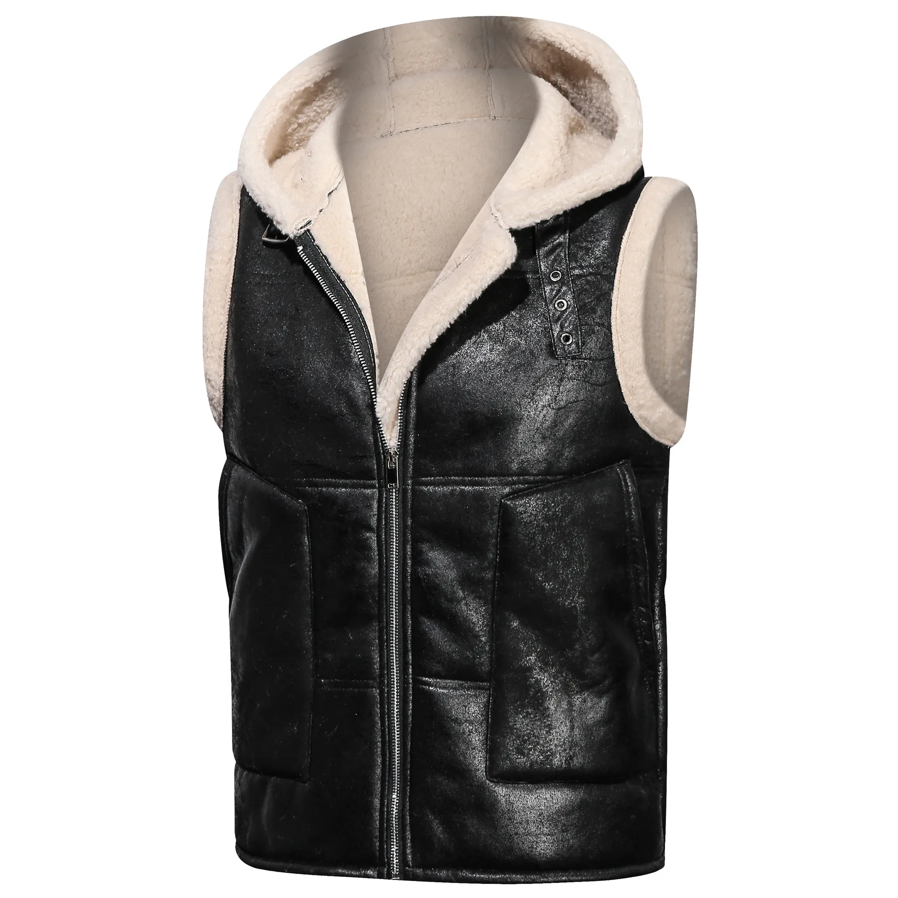 Men\'s Winter PU Leather Fur Vest Casual Hooded Warm Jacket Lambswool Waistcoat Jackets Sleeveless Zipper Solid Color