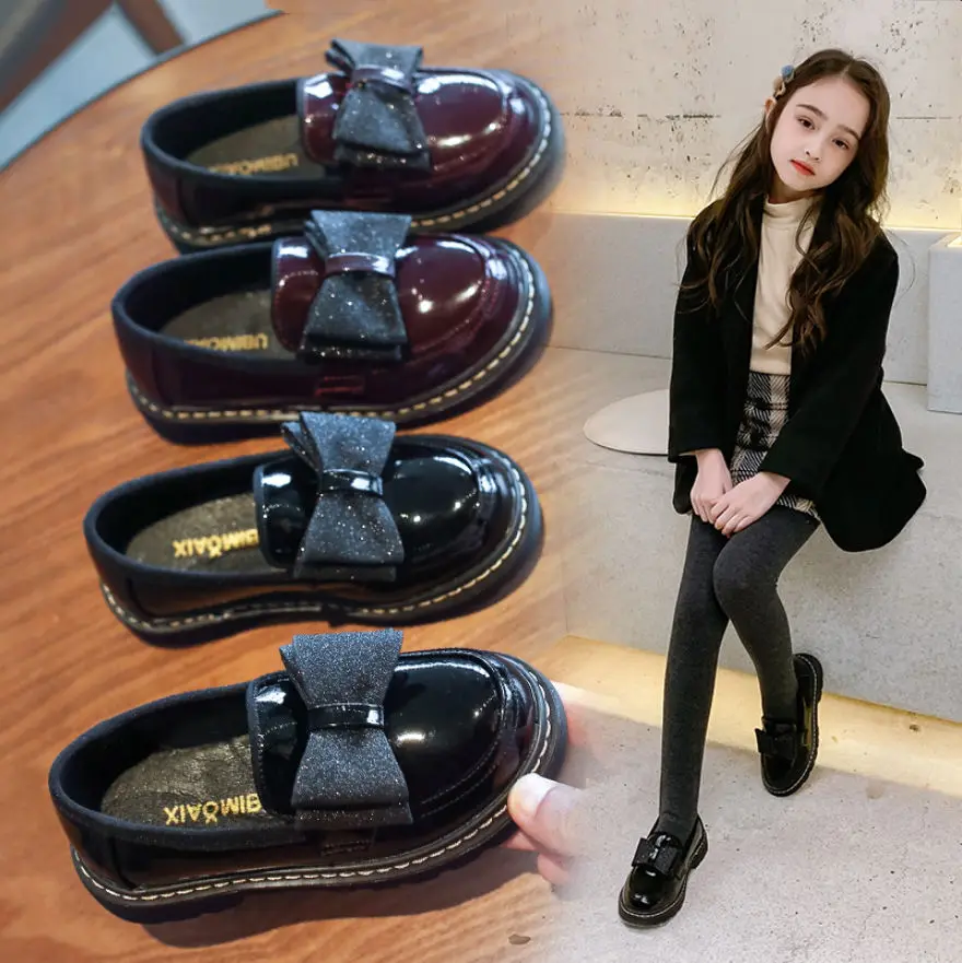 Autumn New kids shoes Girls Black leather shoes for school bow-knot Girls princess shoes black Wine red 3 4 5 6 7 8 9 10 11 12T