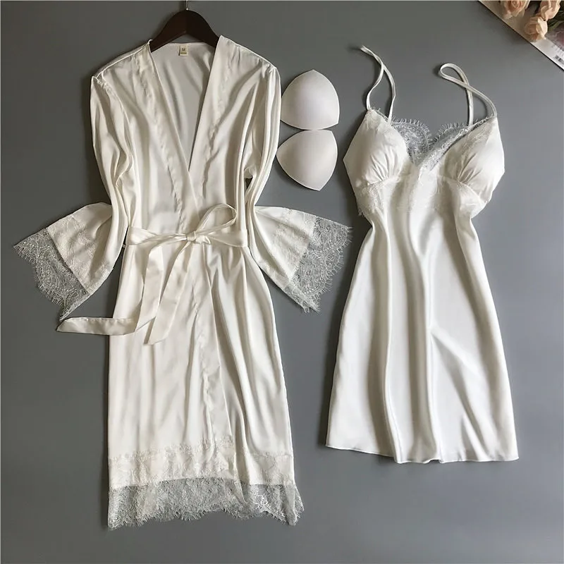 White V-neck Lace Sexy Lady Nightgown&Robe Set With Bra Bride Bridesmaid Wedding Robe Soild Satin Casual Home Dressing Gown M-XL