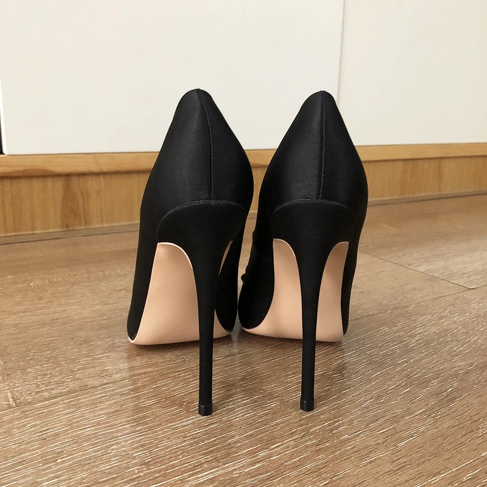 Veowalk Rhinestones Bow Women Solid Black Satin Pointy Toe Stiletto Pumps Elegant Ladies High Heel Dress Shoes 8cm 10cm 12cm