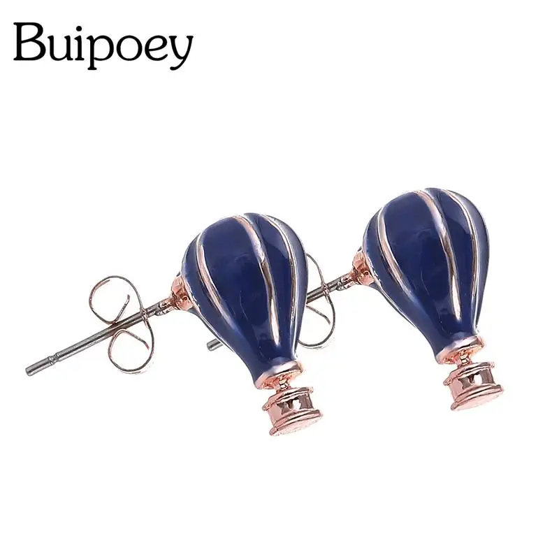 Buipoey Blue Hot Air Balloon Earrings For Women Girl Rose Gold Plated Stud Earrings Jewelry Friends Couple Birthday