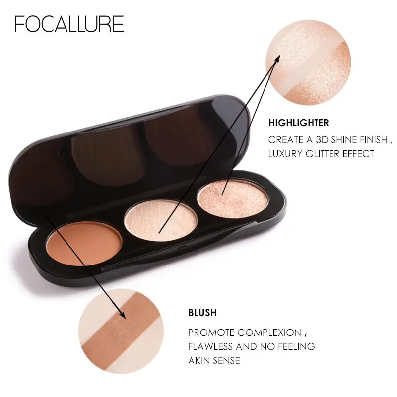 Focallure 3 Colors Blush&Highlighter Palette 3 In 1 Makeup Palette Luxury Matte Shimmer Powder Face Contour Bronzer Blusher