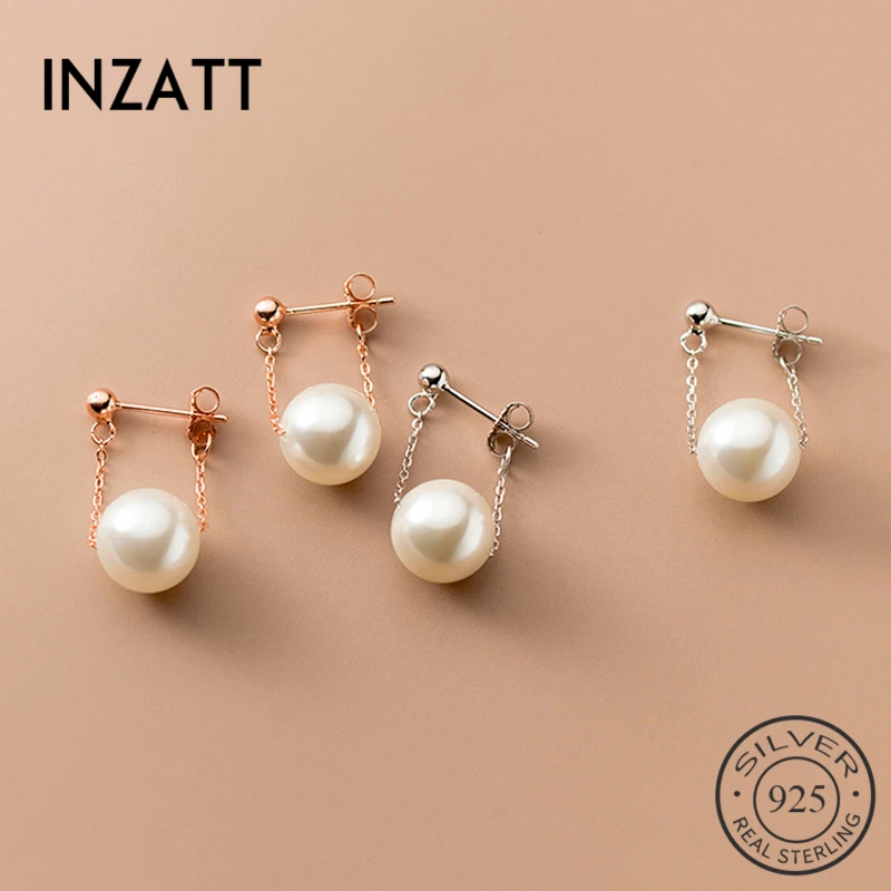 

INZATT Real 925 Sterling Silver Round Pearl Chain Hoop Earrings For Fashion Women Party Fine Jewelry Punk Minimalist Accessories