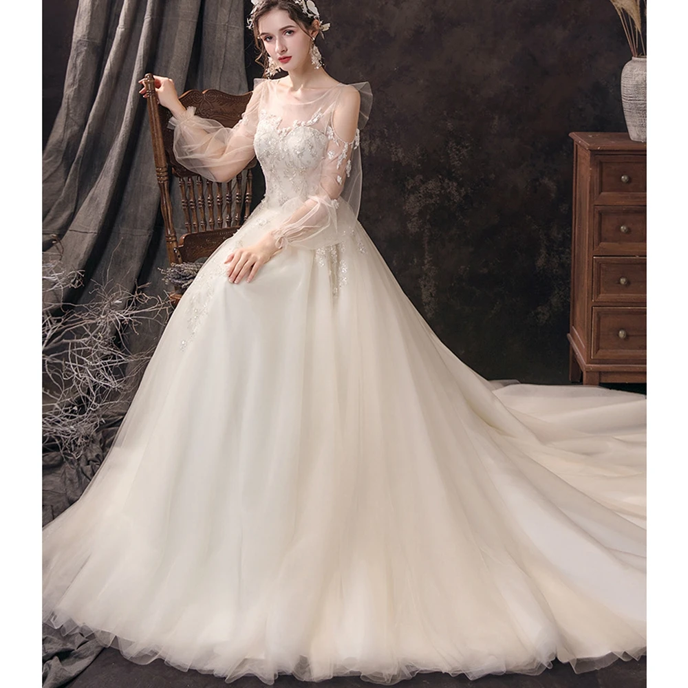 Robe de mariée trapèze en Tulle, avec traîne, manches longues, perles