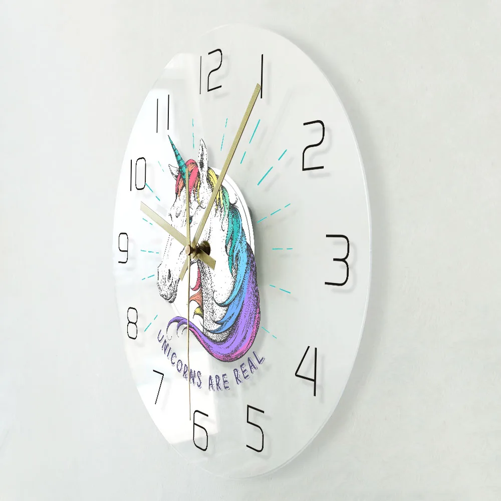 Unicorns Are Real Magical Rainbow Unicorn Transparent Acrylic Wall Clock Unicorn Party Sign Modern Silent Wall Watch Timepiece