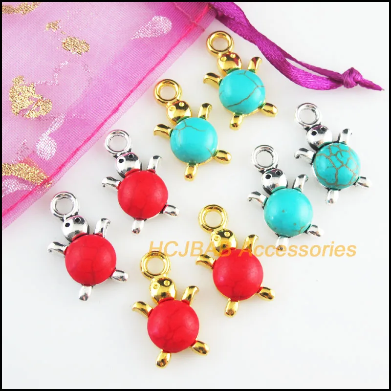 10Pcs Tibetan Silver Plated,  Antiqued Gold Plated,  Bronze Plated Animal Tortoise Blue&Red Stone Charms Pendants 14x23mm