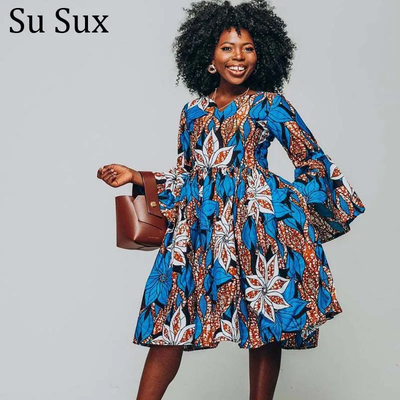 

African Dresses For Women Robe Africaine Femme Bazin Riche Print Flare Sleeve V Neck A Line Dress African Clothes 2021 Spring