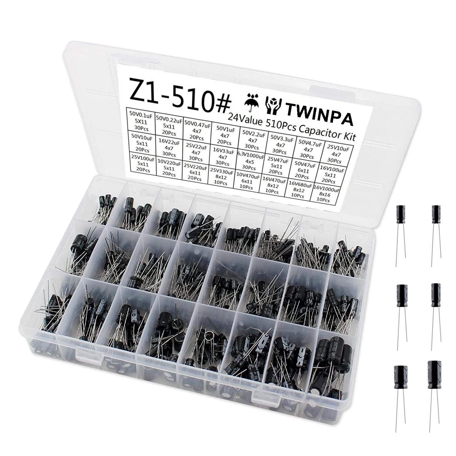 510 pces 24 valoriza o jogo de alumínio 10-50v da variedade do capacitor eletrolítico escala 0.1uf-1000uf mais capacitores eletrolíticos sortidos