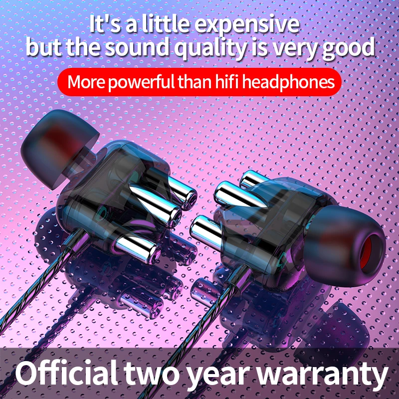 VAORLO 3.5mm In-Ear HIFI Earphone Transparent Quad-core Dual Dynamic Speaker Wired Headphone Sport Gaming Music Earbud Headset