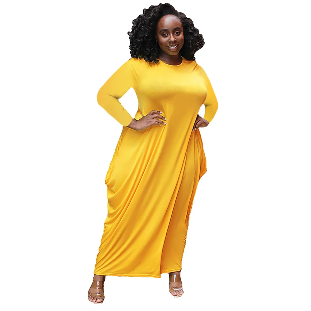 Autumn Winter Solid Color Asymmetrical Plus Size Maxi Dresses For Women Casual Loose Pockets Large Big Size Long Sleeve Dress