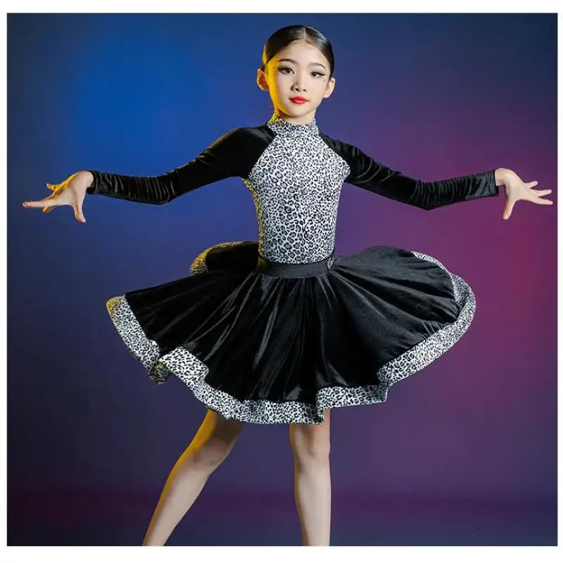 

Long Sleeves Leopard Dress Latin Girls Dance Practice Costume 110cm-180cm Children Competition Clothing Kids Dance Stage Dress