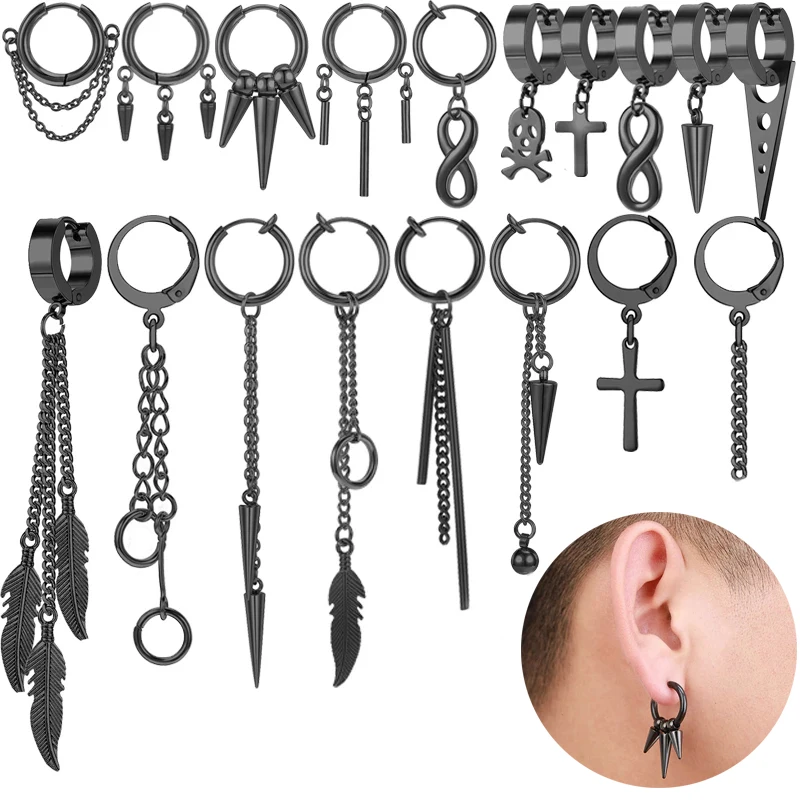 ZS 1PC Punk Black Dangle Earring Stainless Steel Tassel Chain Earring Men Women Korean Ear Clip Fake Piercing Boy Drop Earring