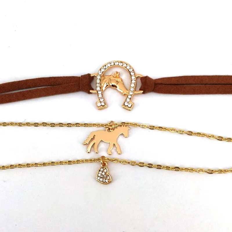 hzew 3 pcs/set Leather rope horse head horseshoe bracelet gold color horse heart bracelets