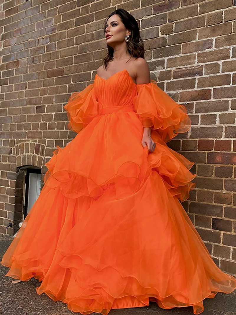 SoDigne Gaun Malam Princess Orange Gaun Pesta Prom Panjang Lengan Panjang Lapisan Off-The-Shoulder Organza Lembut