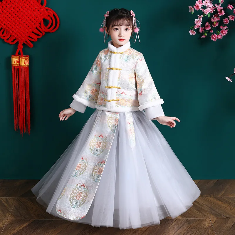 

Winter Kids Embroidery Traditional Tang Suit Children Chinese Lovely Ancient Hanfu Girls Thick And Quilted Perform Costumes