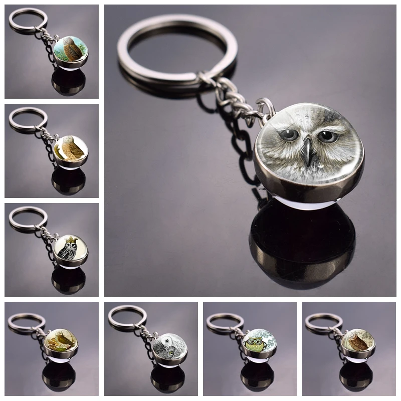 Cute Animals Trinket Owl Pattern Double Side Glass Ball Keychain Yin Yang Owl Pendant Keyring